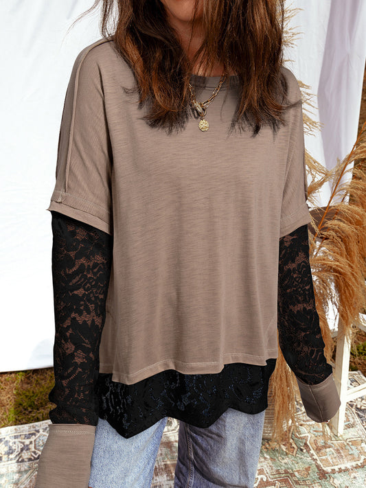 Light French Beige Sheer Lace Patchwork Casual Long-Sleeve T-Shirt