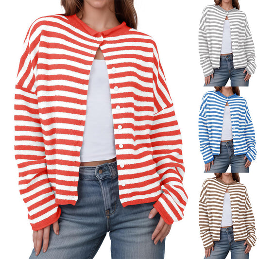 Women's Striped Contrast Color Sweater Long Sleeve Casual Cardigan
