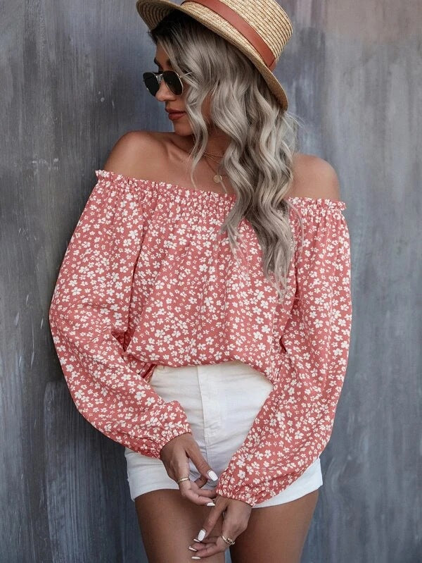 Women's Off-shoulder Printed Long Sleeve Loose Shirt
