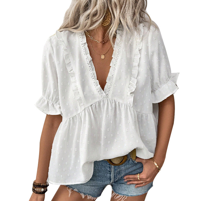 European And American Cut Flower Fur Ball Shirt Short Sleeve Lace