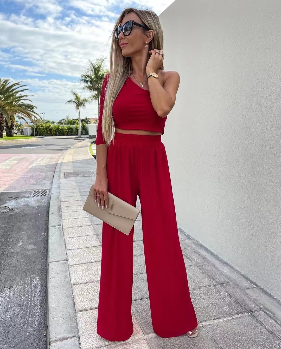 Solid Color One Shoulder Long Sleeve Pants Casual Suit Women