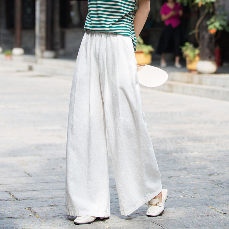 Kvinders bomuld- og hørstonewashed kunstneriske all-match wide leg bukser