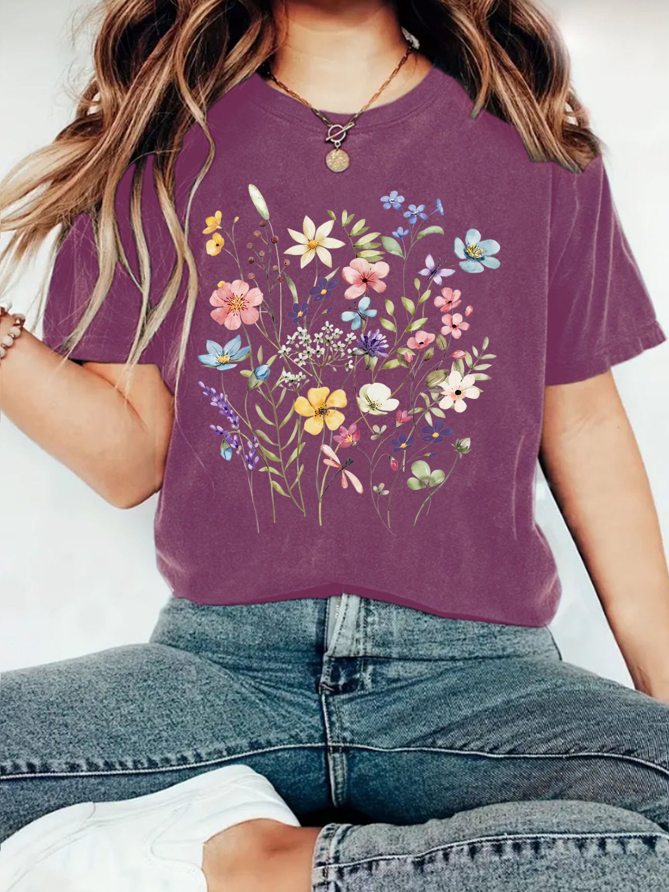 Elegant T-shirt With Floral Print, Women's Short-sleeve
