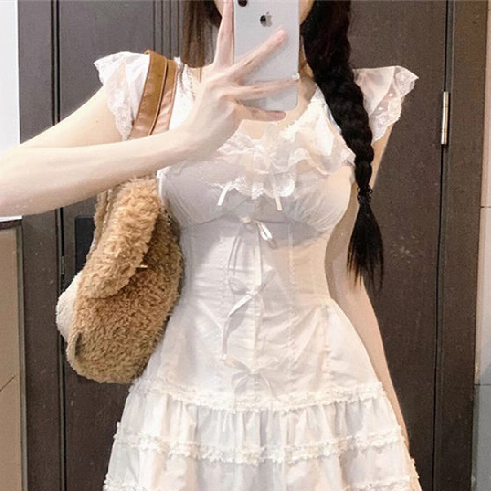 Sweet Gentle White Dress Women's Summer New French Style Slim Fit Slimming Lace Stitching