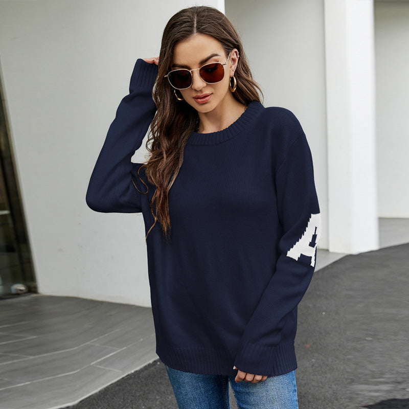 European And American Letter Jacquard Casual Sweater Idle Style Loose Pullover