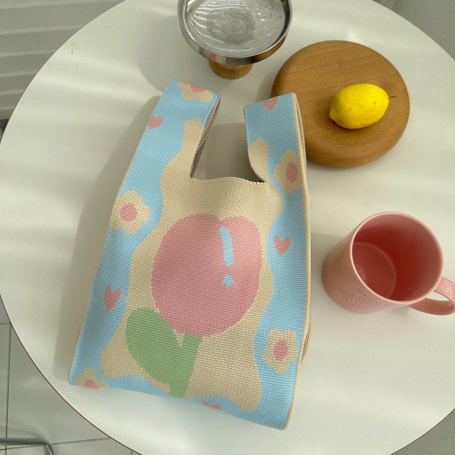 Spring Tulip Knitted Bags Contrast Color And Versatile Hand Carrying