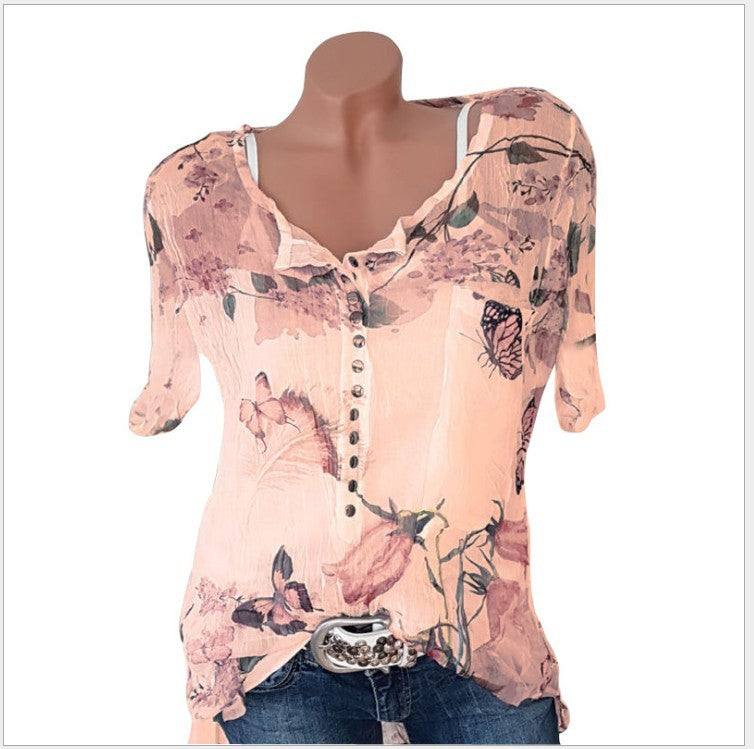 Short Sleeve Printed Shirt Button Top Chiffon Shirt