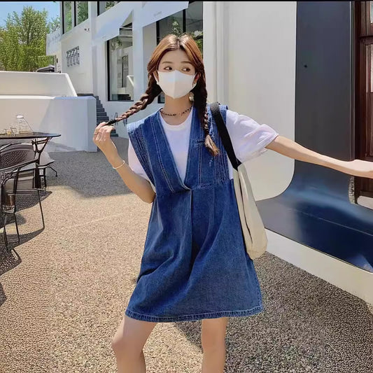 Womens Retro Sweet Two-Piece Look Denim Dress