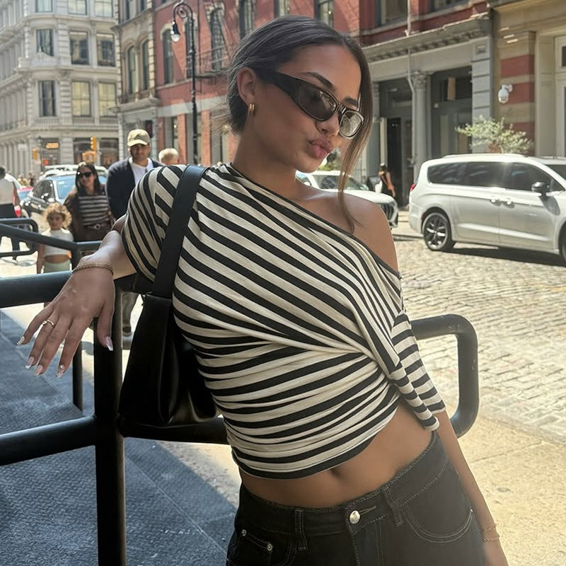 Retro Off-shoulder Striped Waist-cinching Figure-flattering Top