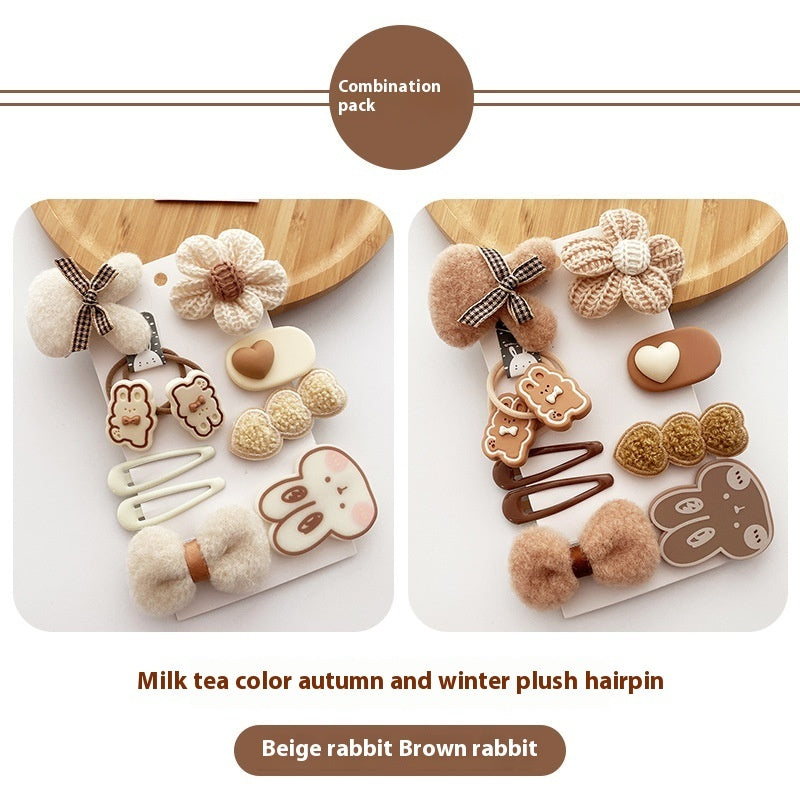 Korean Style All-match Milk Tea Color Autumn And Winter Plush Cute Flowers Barrettes Brown Bow Girl's Heart Hairpin