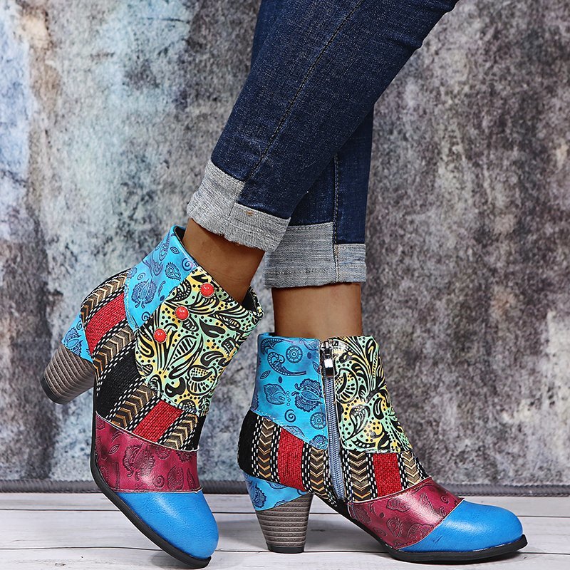 Bohemian Women's Ethnic Style Retro Stitching High-heeled Ankle Boots