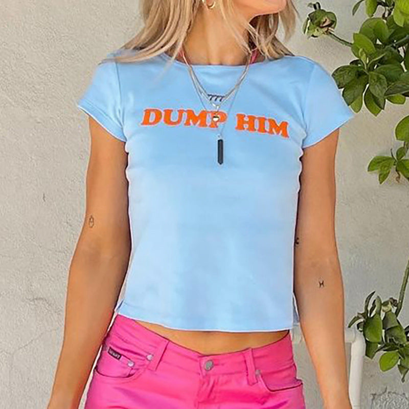 Solid Color Letter Print Round Neck Pullover Short Sleeves
