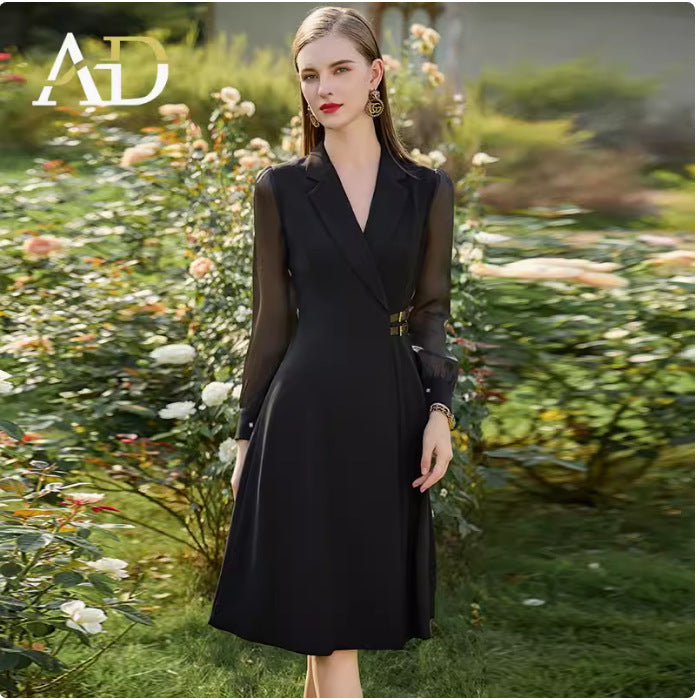 Stylish Black Lace-sleeve Waist-cinched Dress