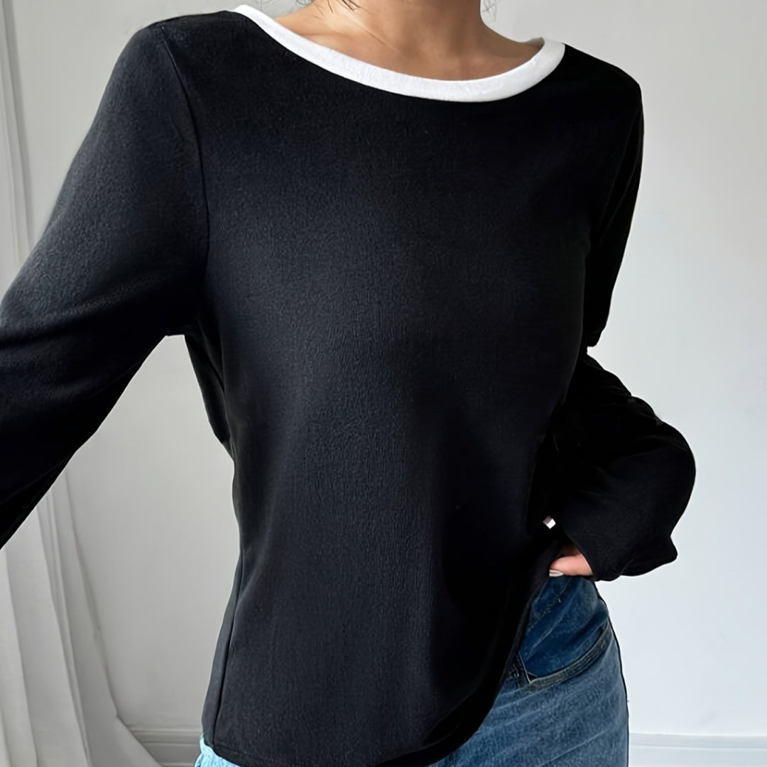 Trendy T-shirt med rund hals, to dele, Illusionknit, lange ærmer, baselayer-top, crew neck design til kvinder