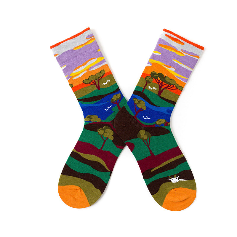 French Illustration Design Abstract Oil Painting Cotton Socks