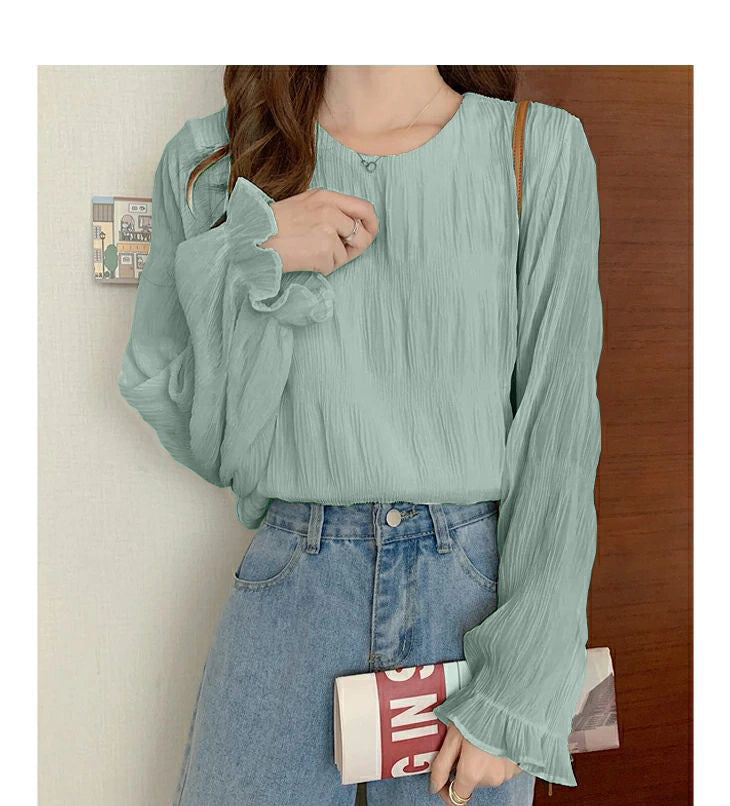 Pleated Bell Sleeve Chiffon Shirt Loose Long Sleeve Top