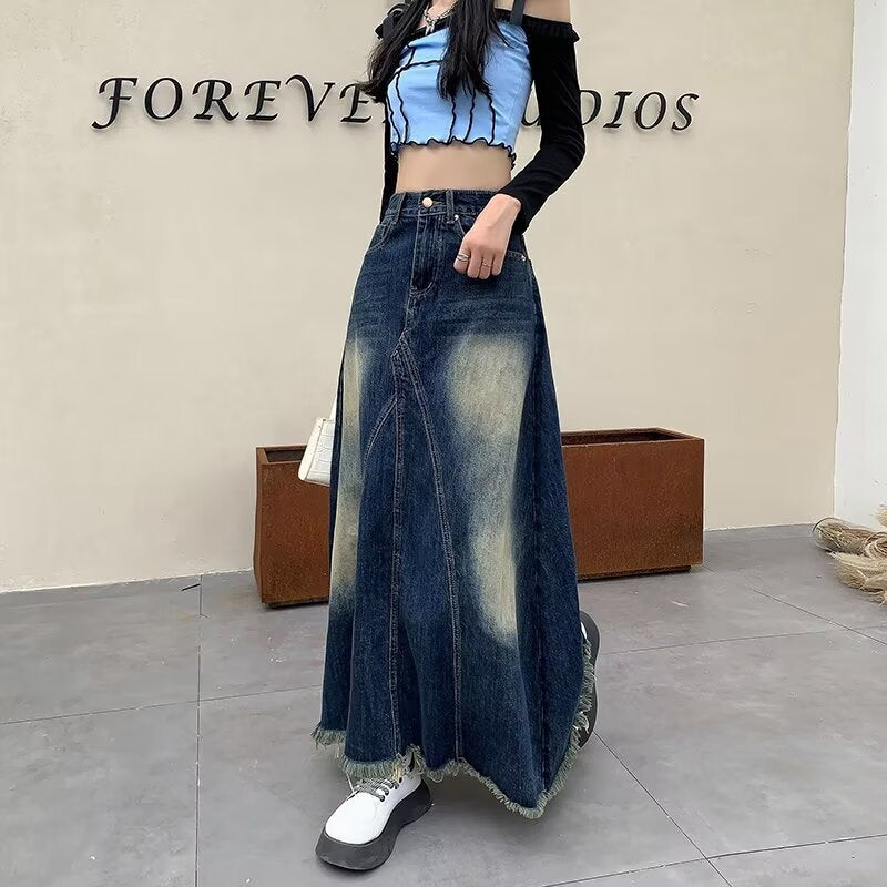 Retro White Stitching Draping Denim Mid-length Skirt