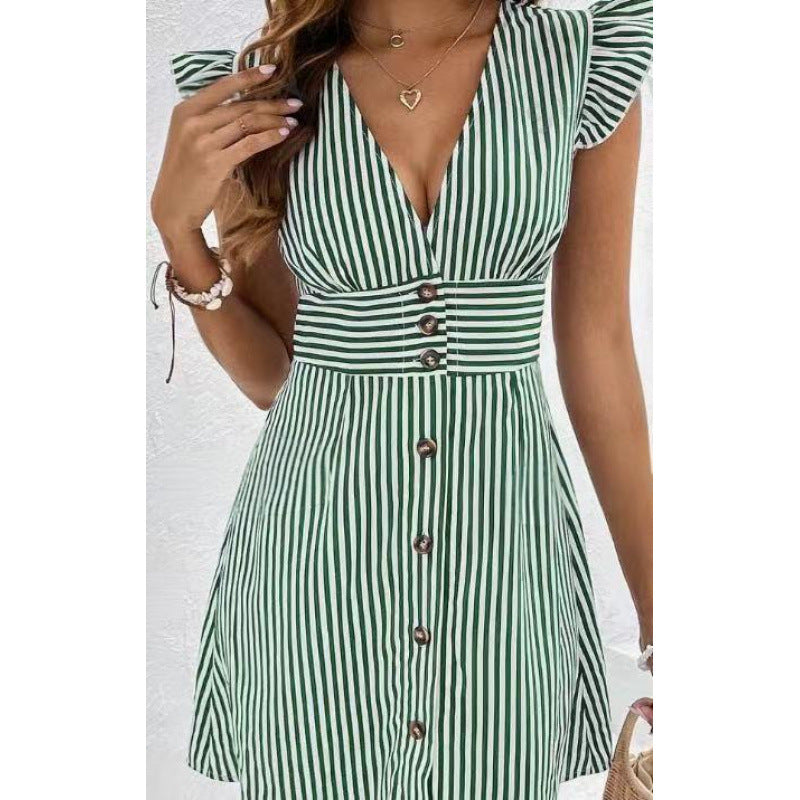 Women's Elegant Striped V-Neck Dress With Puff Sleeves