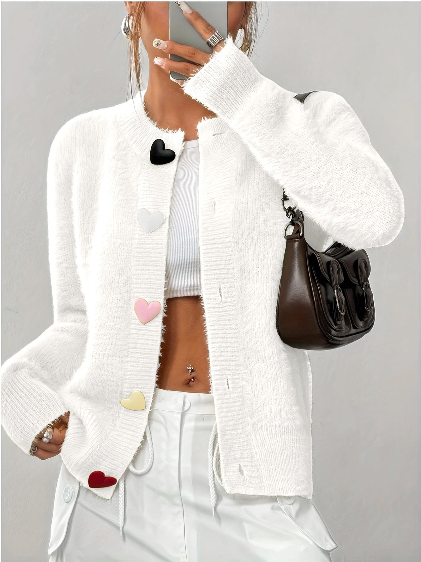 Crew Neck Casual Color Heart-shaped Button Sweater