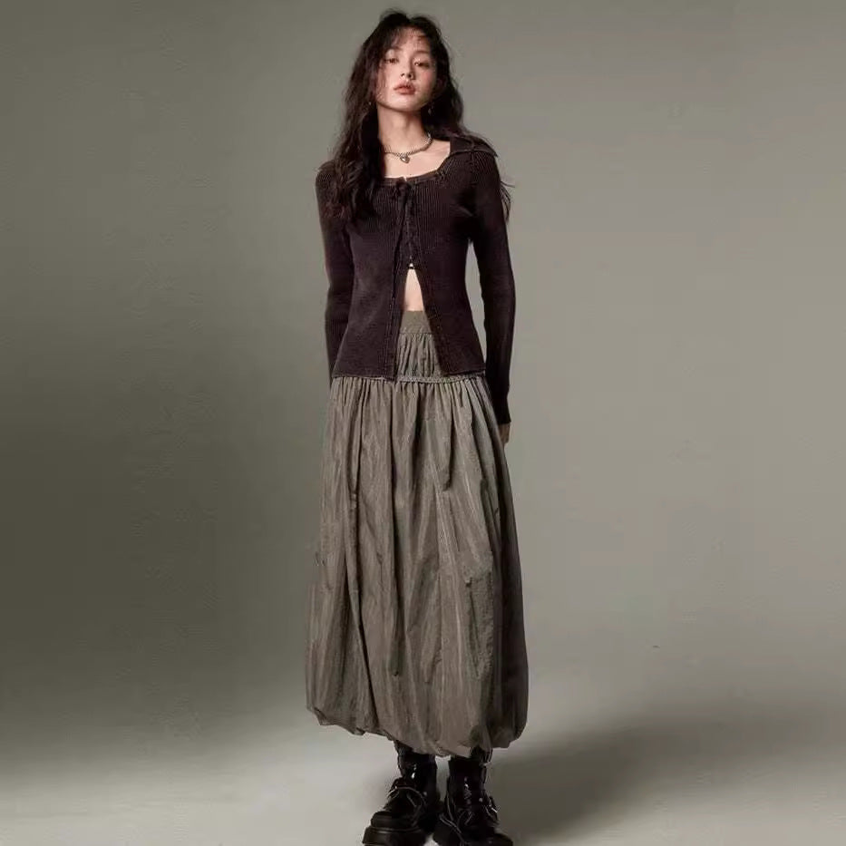 Simple Temperament Pleated High Waist Long Bud Skirt Solid Color