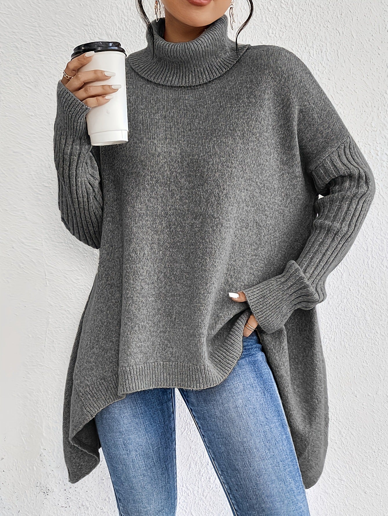 Uregelmæssig rullekrave-sweater Vinter løs langærmet striktoppe Fritids varm pullover-sweater Dametøj