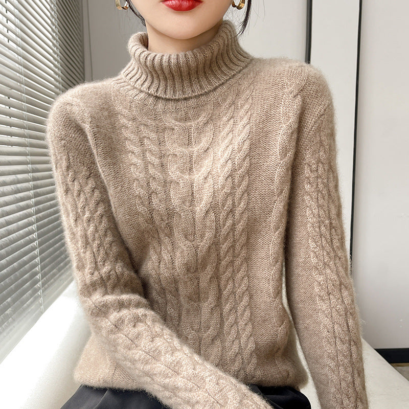 Kabelstrikket rullekrave-sweater, ensfarvet, alsidig dame-pullover med blidt temperament