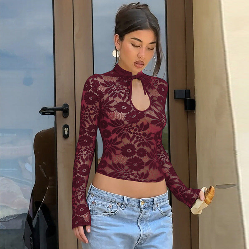 Chic, Sexy Lace Sheer Top With Long Sleeves And Lace-up Detailing