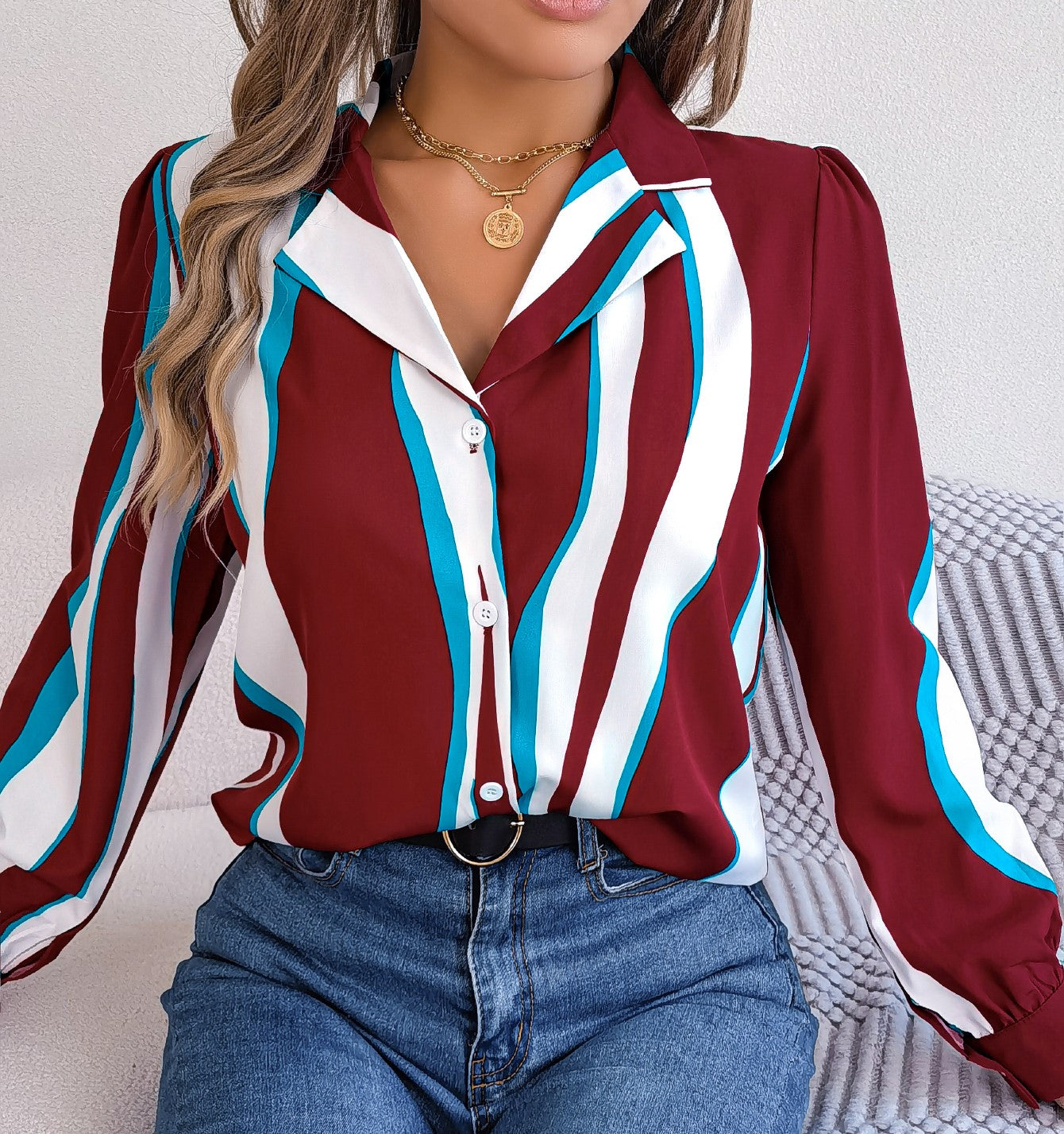 Women's Casual Versatile Color Block Stripe Notched Lapel Long Sleeve Shirt