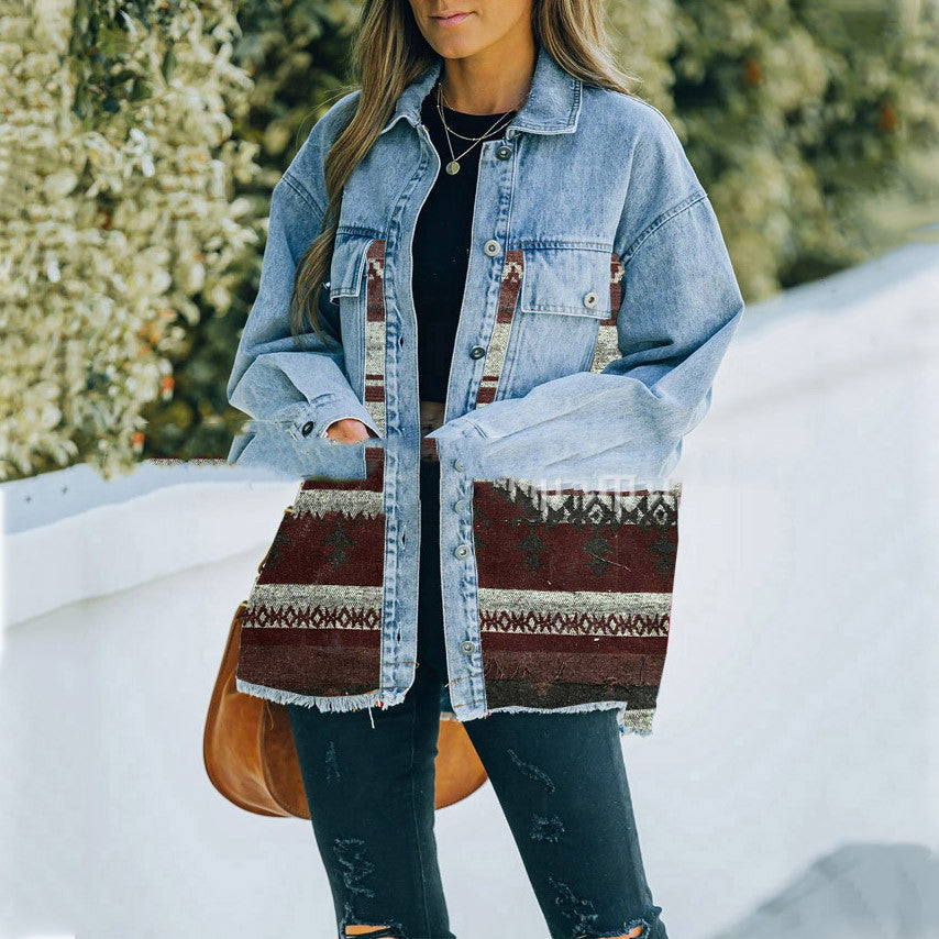 Lapel Pocket Denim Patchwork Wool Coat