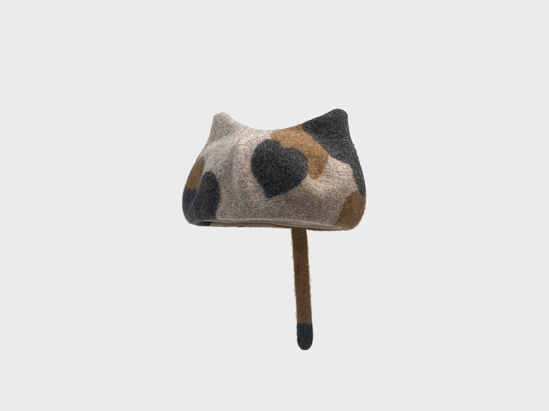 Cute Little Tail Cat Ears Wool Beret Fashion Octagonal Cap