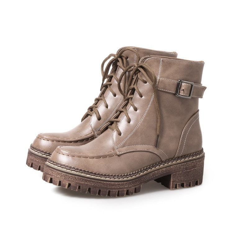 British style retro lace-up short boots female belt buckle