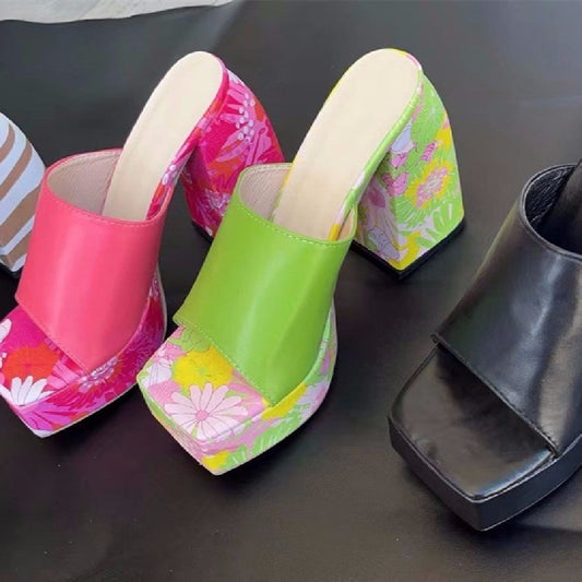 Fish Mouth Slippers Women's Heel Thick Sole Large Square