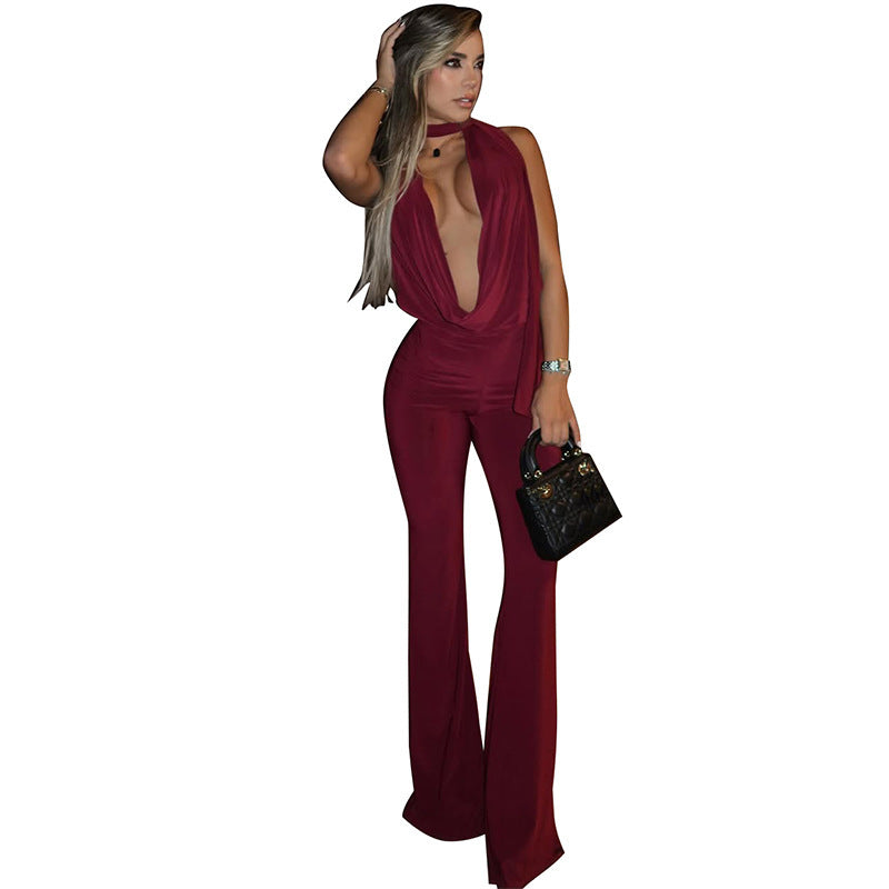 Women's Strappy Halterneck Backless Slim-fit Jumpsuit