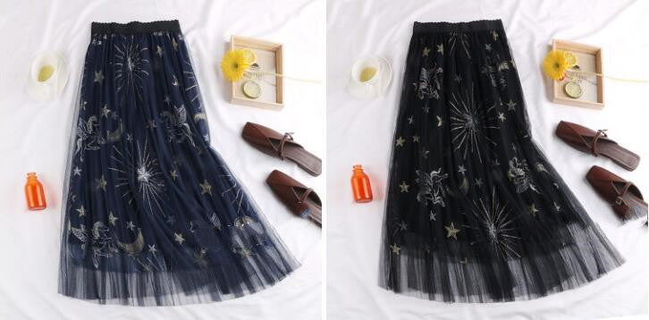 High Waist Mesh Embroidered Skirt