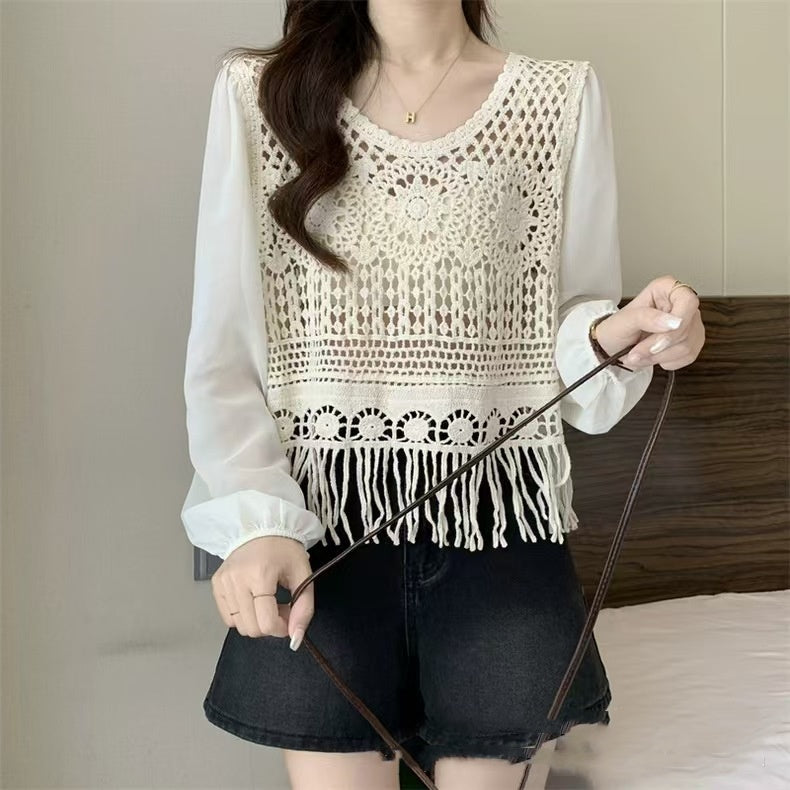 Women's Tassel Age-reducing Chiffon Patchwork Lace V-neck Shirt