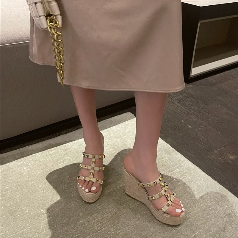 New Korean Rivet Straw Wedges For Women's Shoes