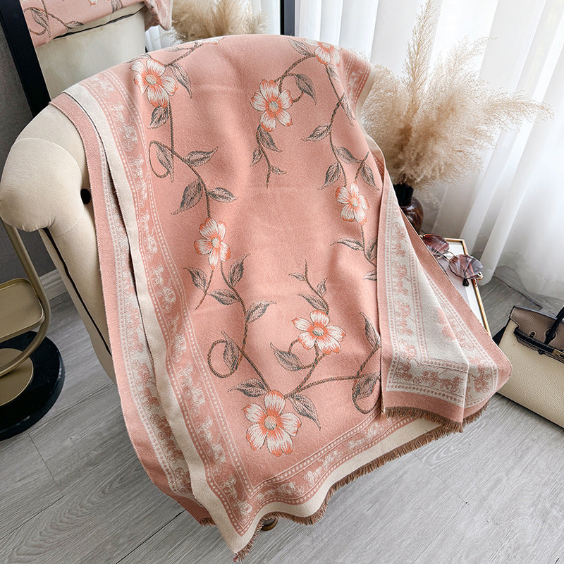 Retro National Style Texture Printed Double-sided Thermal Scarf Shawl Outer Match