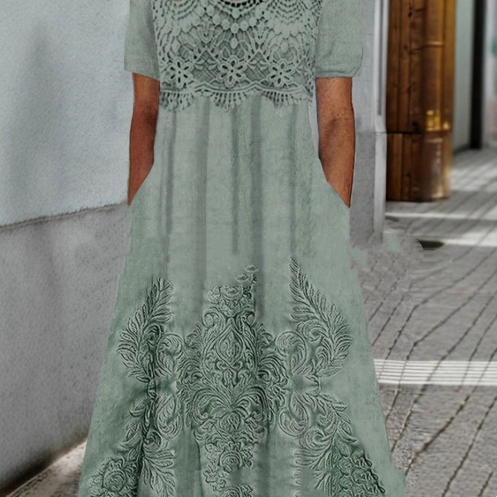 Floral Print Lace-trimmed Crew-neck Dress