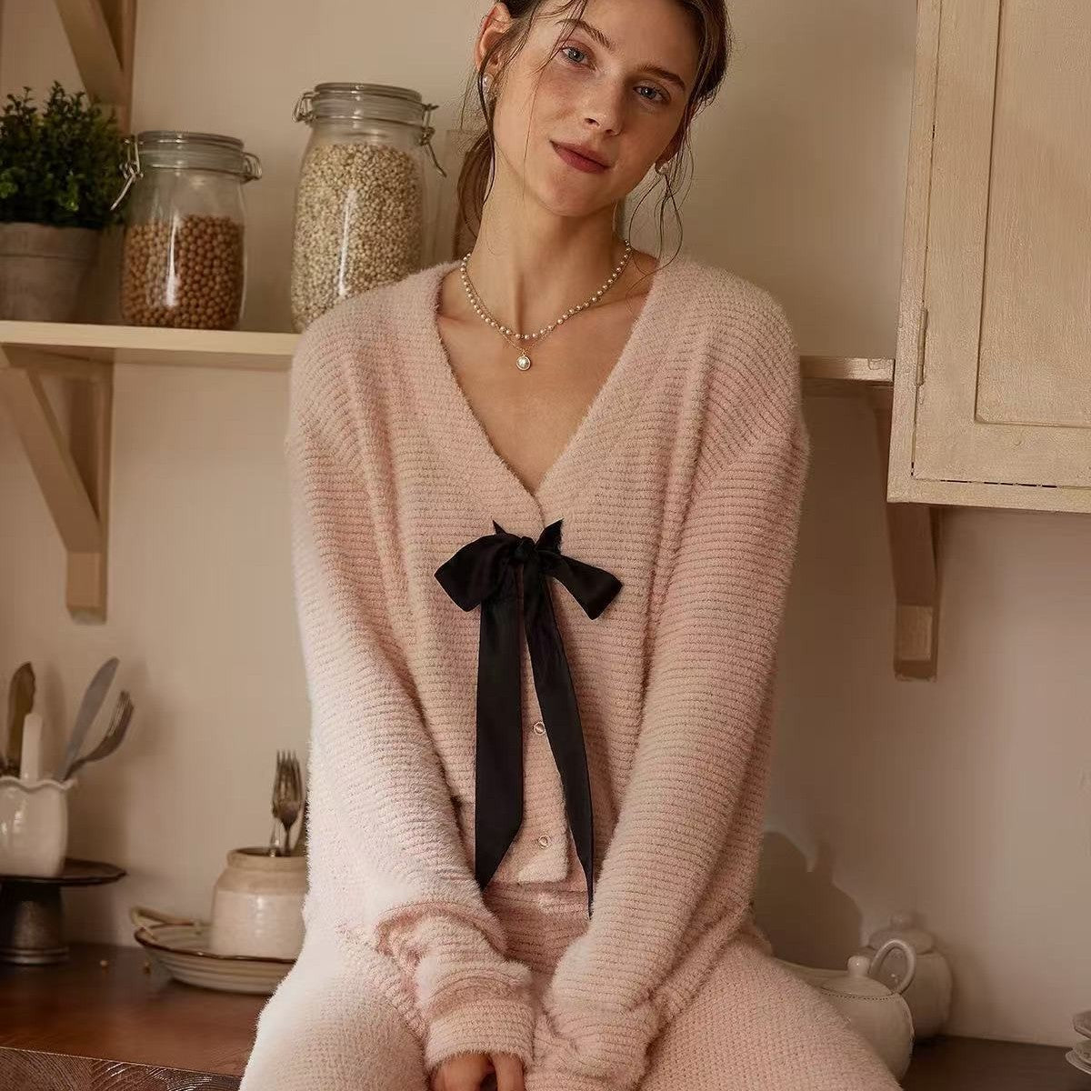 Womens Chic And Gentle Bow-Knot Mink Wide-Leg Pants Suit