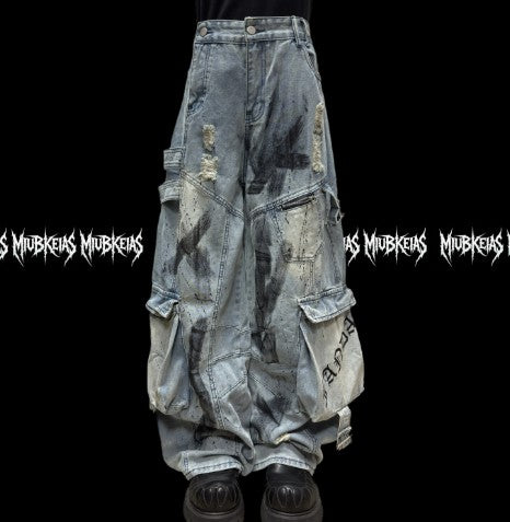 Multi-Pocket Graffiti Splatter Streetwear Ripped Wide-Leg Denim Jeans