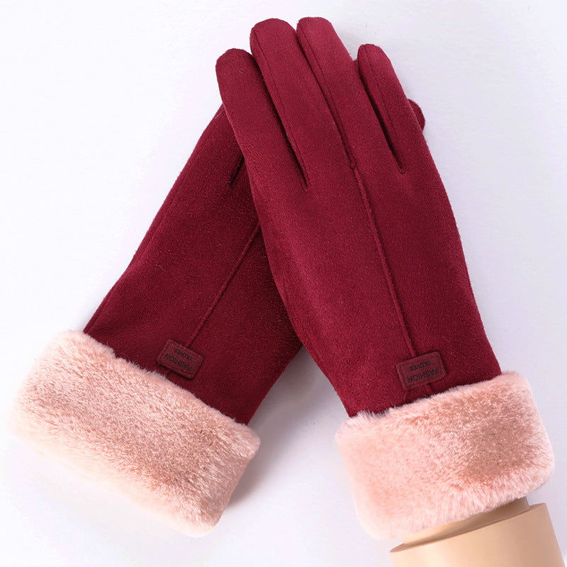Suede warm gloves double layer plus velvet thick wind and cold riding touch screen gloves