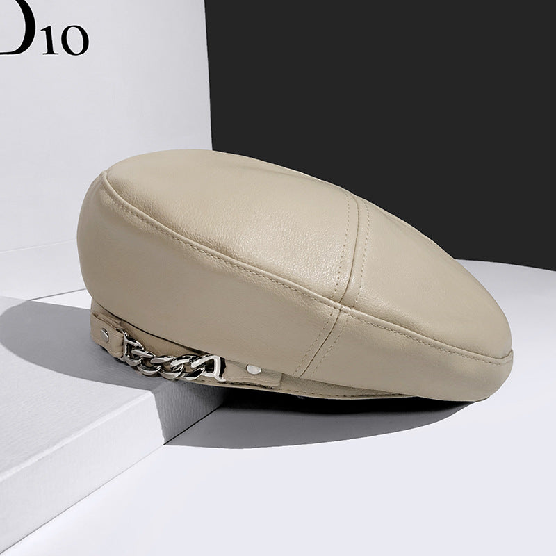 Women's British Vintage Chain Leather Beret Hat