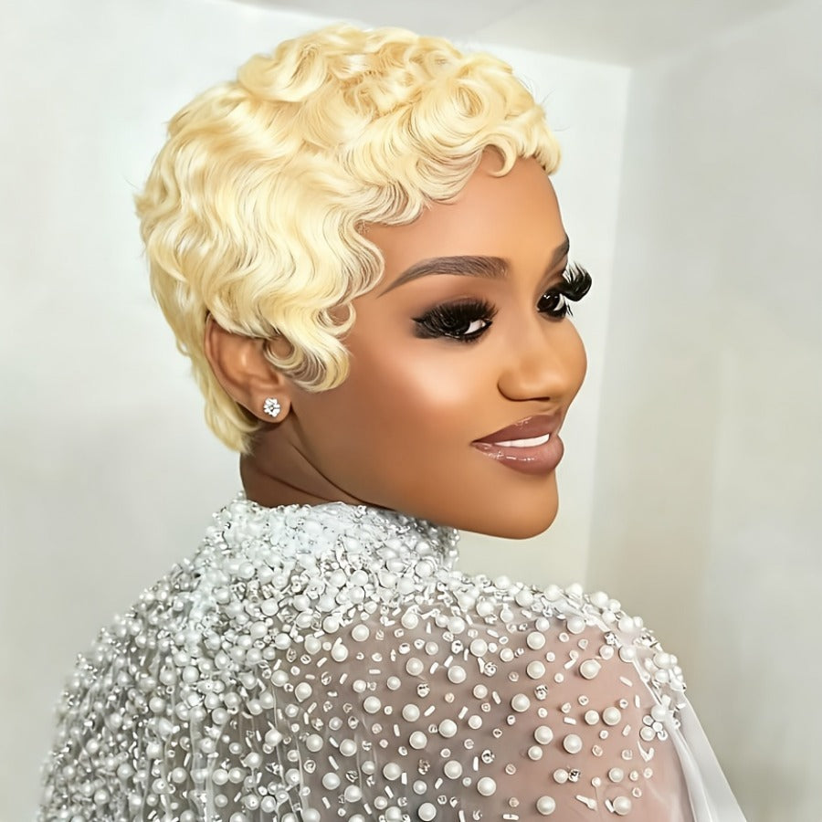 Blonde Curly Pixie Cut With Wave Human Hair