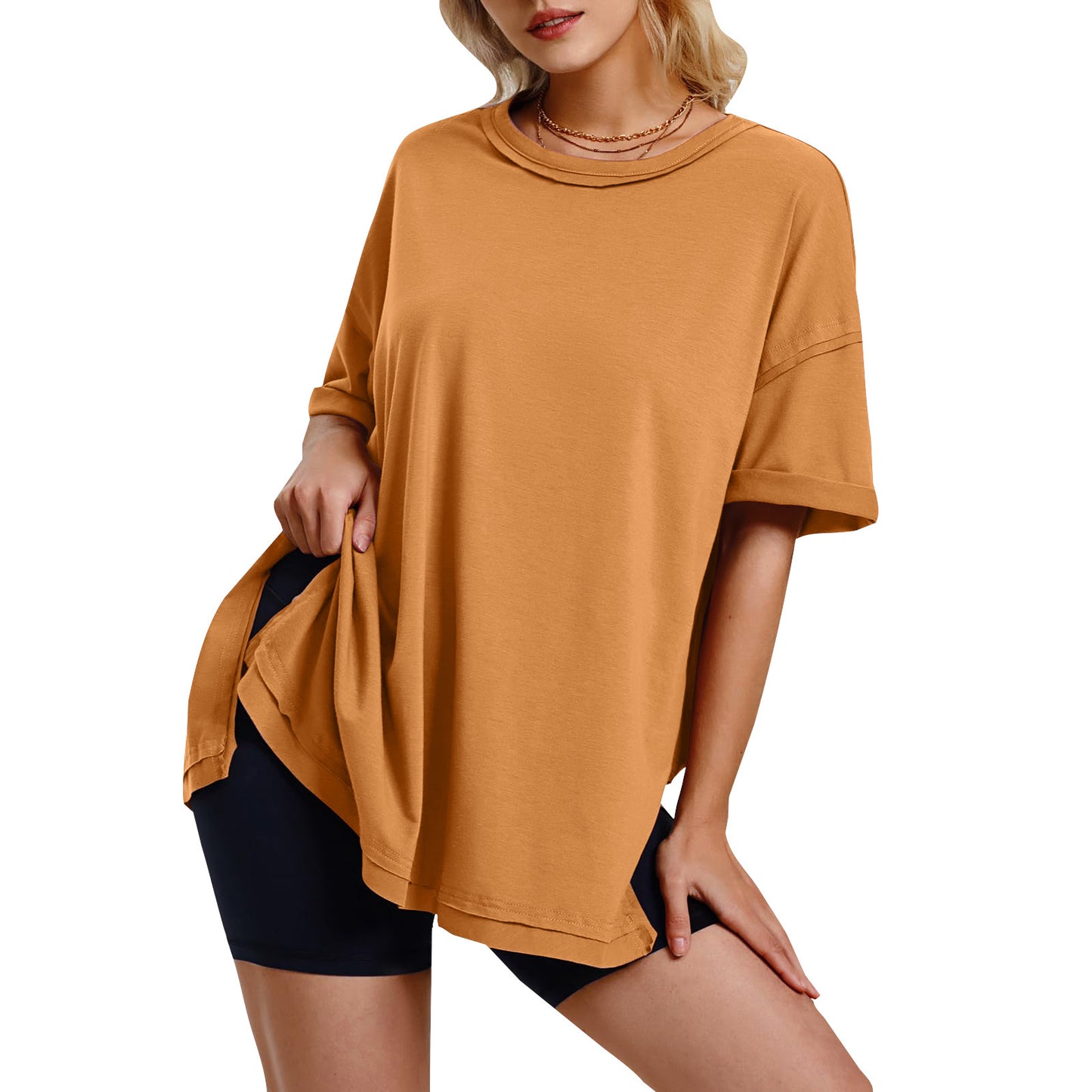 Women's Solid Color Cotton Round Neck Slits On Both Sides Loose T-shirt