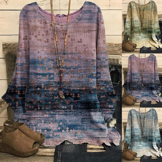 New Cotton And Linen Print Round Neck Loose Retro Top