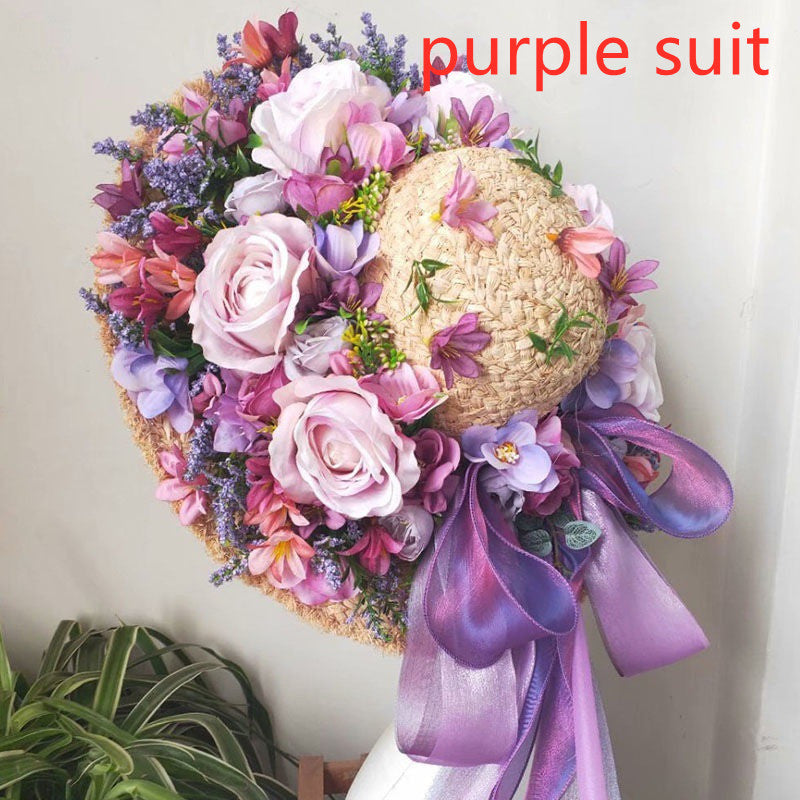 Ladies Fashion Raffia Purple Flower Straw Hat