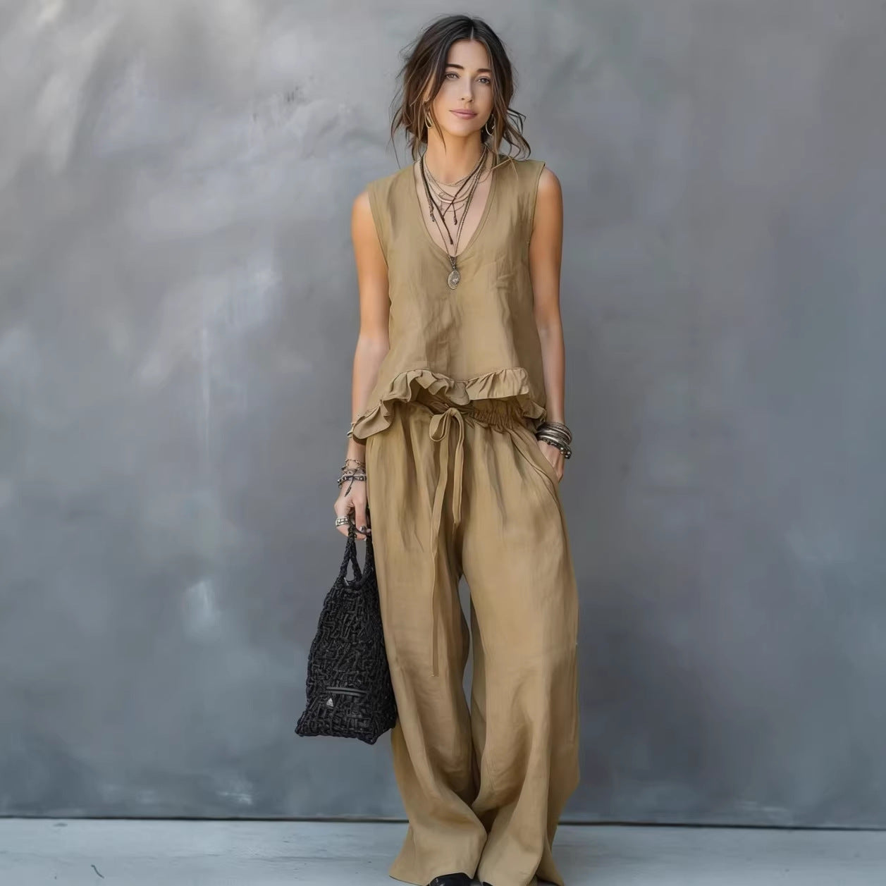 V-neck Sleeveless Ruffled Hem Dark Gray Casual Set