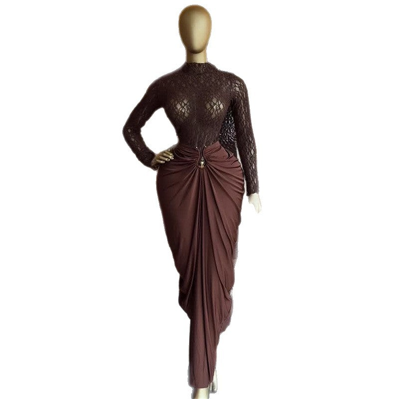 Sweet And Fresh Long-sleeve High-neck Lace Top With A High-waisted Sheath Skirt