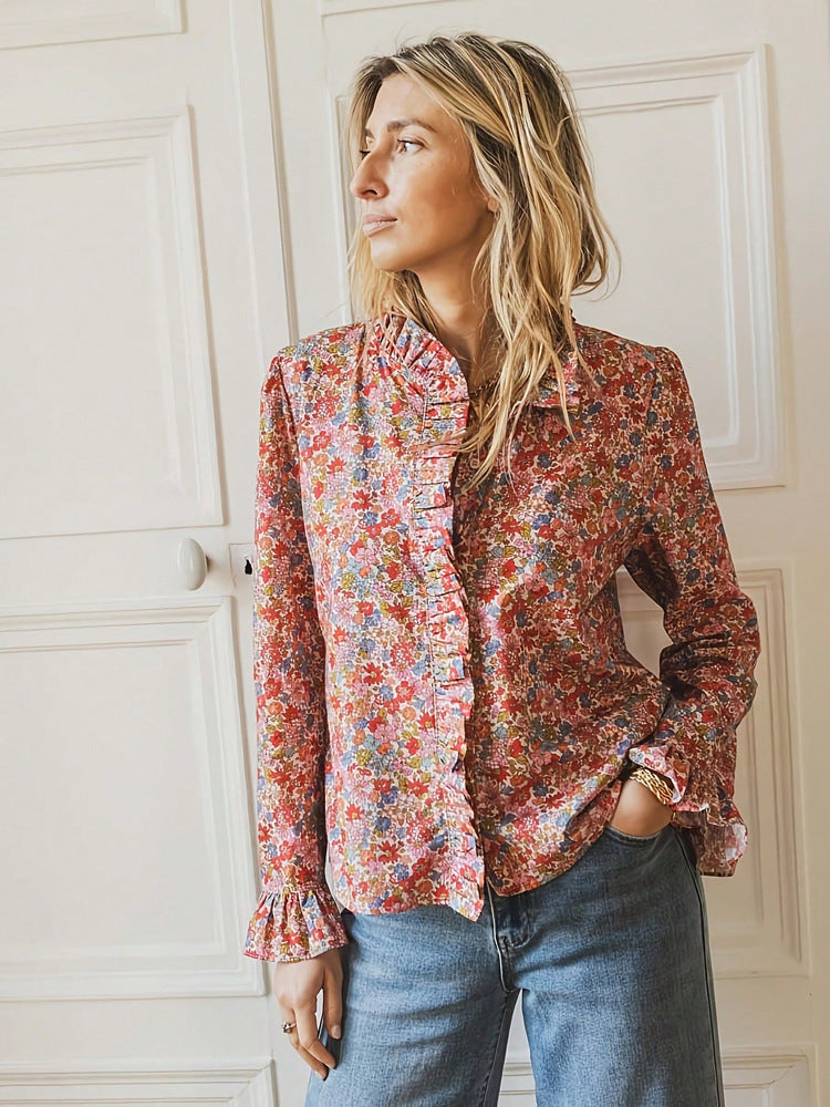 Women's Floral Print Ruffle-trimmed Stand Collar Long-sleeve Shirt
