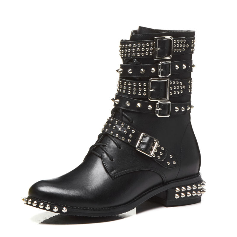 Women's Fashion Round Toe Stud Lace Up Martin Boots